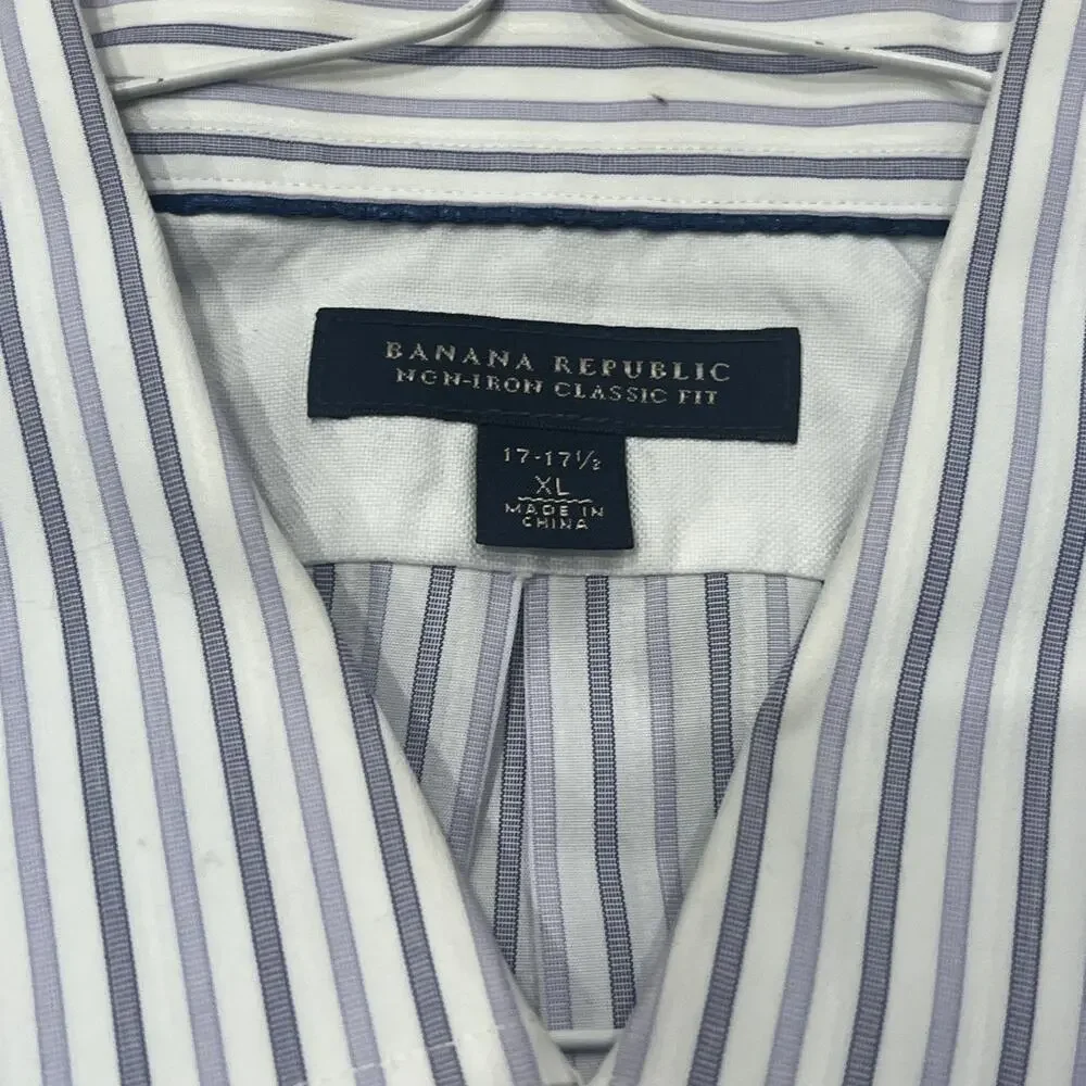 Banana Republic Mens Shirt 17-17.5 XL Button Down Striped White/Purple Collar